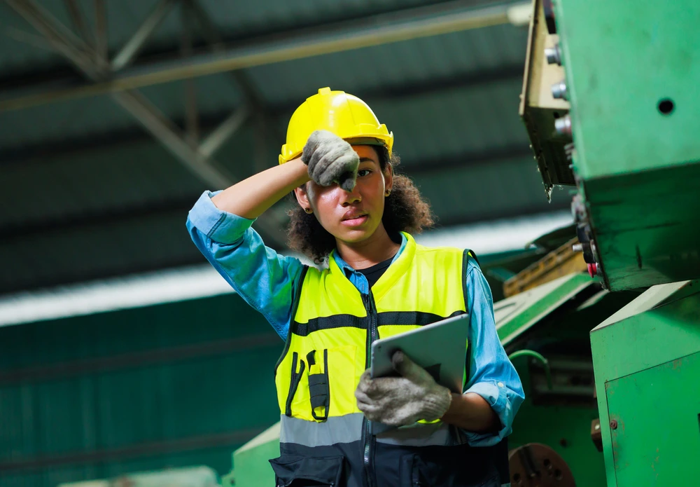 construction worker touching her forehead, experiencing heat stroke signs