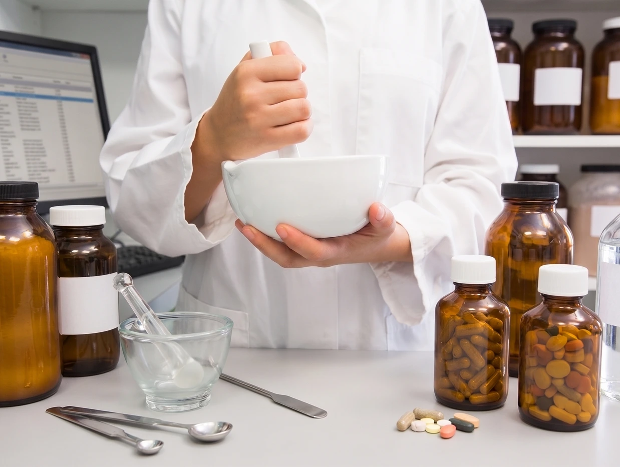 A close up view of a pharmacist in a white lab coat using a white ceramic mortar and pestle to compound medication at your local PharmaChoice pharmacy